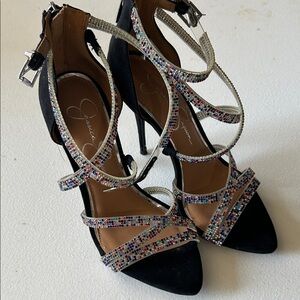 Jessica Simpson Black Strappy High Heels with Multicolor Crystal Straps